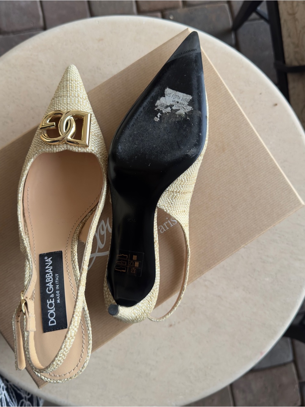 Dolce & Gabbana Textured Beige Heels with Gold Logo - Picture 7 of 7
